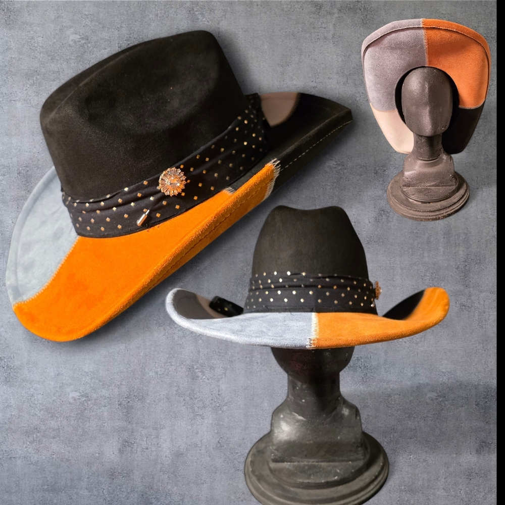 Black and Orange Two-Tone Felt Wide Brim Hat with Studded Band